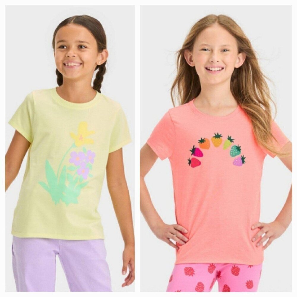 Cat & Jack Girls' Short Sleeve Graphic T-Shirt Bundle, set of 2 (xsmall) 4KIDN-R - Picture 2 of 8